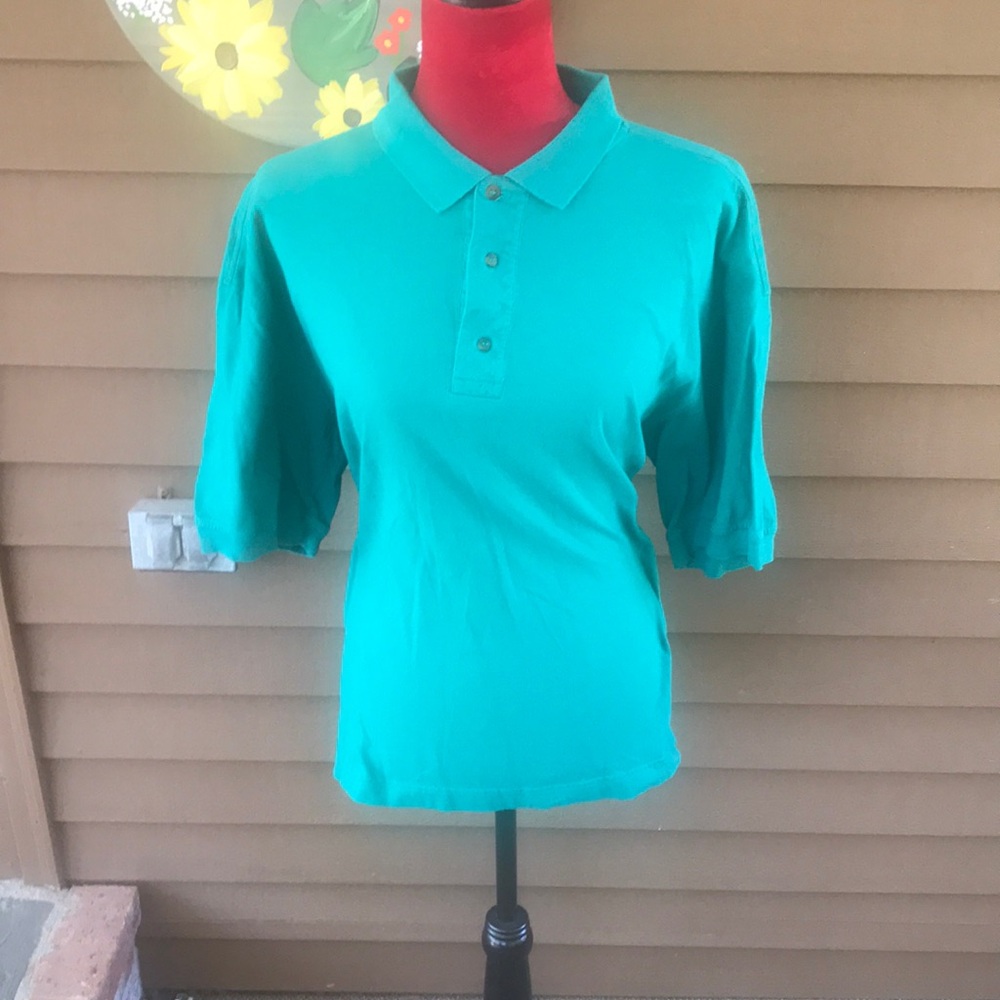 Green Fitted 3/4 Sleeve Button Down Polo